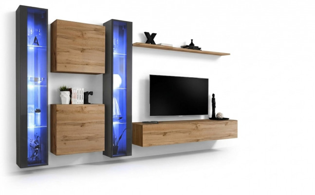 Complete bruin woonkamer set, hangende vitrinekast, wandkast, moderne designinrichting.