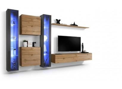 Complete bruin woonkamer set, hangende vitrinekast, wandkast, moderne designinrichting.
