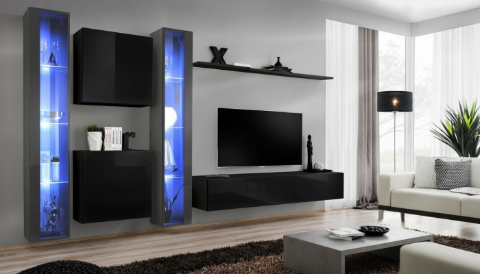 Houten meubel compleet woonkamer set muurkast luxe vitrine inrichting