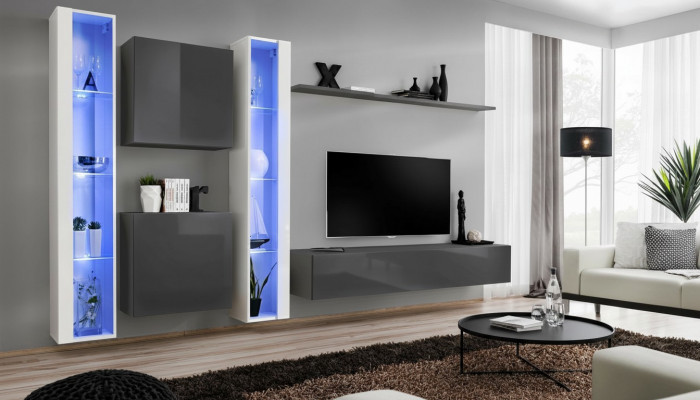 Woonkamer inrichting Grijs Wandkast Hangende vitrine Luxe inrichting Modern