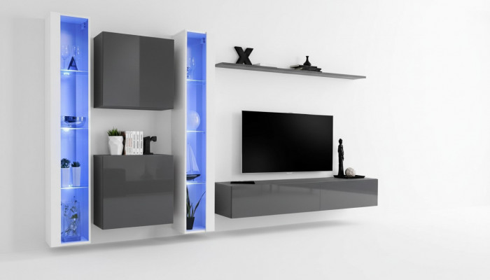 Woonkamer inrichting Grijs Wandkast Hangende vitrine Luxe inrichting Modern