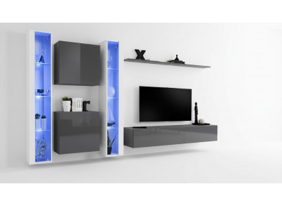 Woonkamer inrichting Grijs Wandkast Hangende vitrine Luxe inrichting Modern