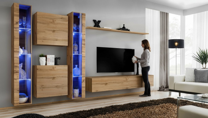Bruine woonwand modern hangende vitrine hangende kast luxe inrichting wand set