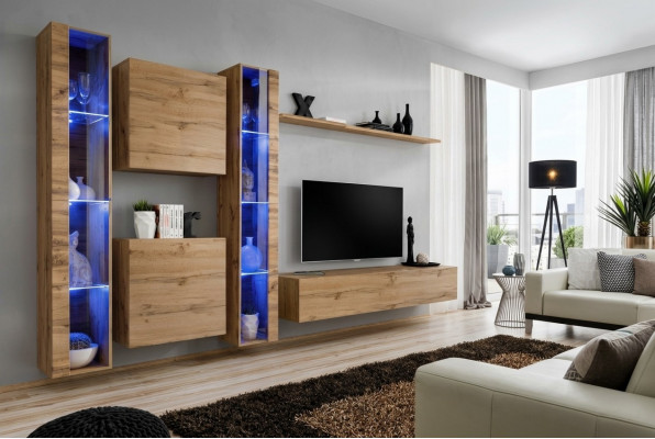 Bruine woonwand modern hangende vitrine hangende kast luxe inrichting wand set
