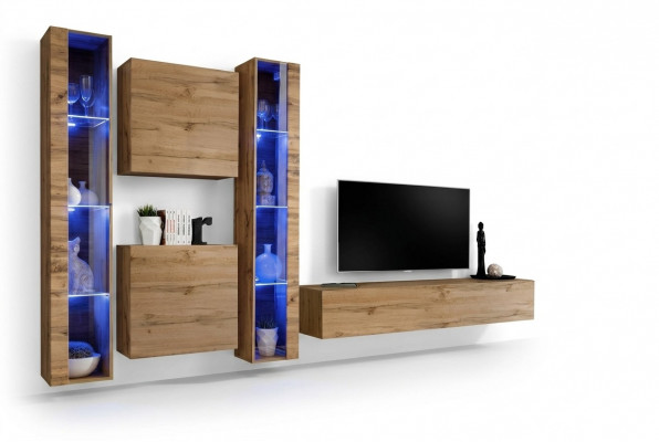 Bruine woonwand modern hangende vitrine hangende kast luxe inrichting wand set