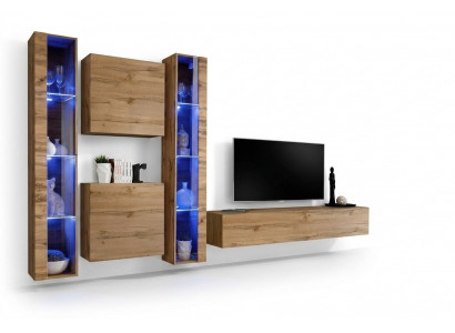 Bruine woonwand modern hangende vitrine hangende kast luxe inrichting wand set