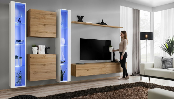 Woonkamermeubilair wandkast tv-standaard bruin dressoir complete inrichting. Wohnzimmermöbel Wohnwand TV-Ständer braune Anrichte komplette Einrichtung.