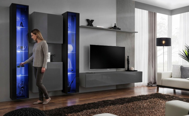Woonkamermeubels 2x wandkast Grijs Modern dressoir Inrichting Hangende vitrine  Woonkamer meubels 2x wandkast Grijs Modern dressoir Inrichting Hangende vitrine