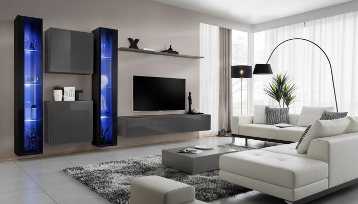 Woonkamermeubels 2x wandkast Grijs Modern dressoir Inrichting Hangende vitrine  Woonkamer meubels 2x wandkast Grijs Modern dressoir Inrichting Hangende vitrine