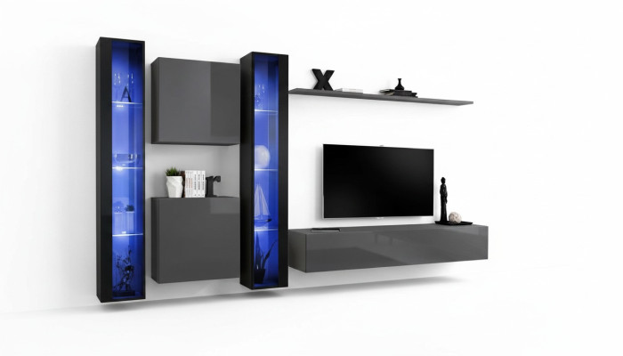 Woonkamermeubels 2x wandkast Grijs Modern dressoir Inrichting Hangende vitrine  Woonkamer meubels 2x wandkast Grijs Modern dressoir Inrichting Hangende vitrine