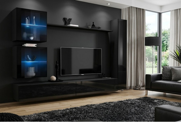 Zwart woonwand compleet set inrichting designer meubels tv-standaard modern