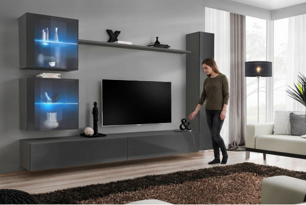 Luxe volledige woonwand grijs meubel ontwerper set inrichting dressoir modern.