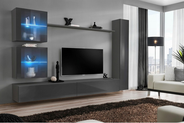 Luxe volledige woonwand grijs meubel ontwerper set inrichting dressoir modern.
