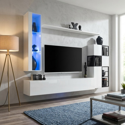Hangende vitrine - Wit - Woonkamerdesign - TV-standaard - Compleet 9-delige houten meubelrekken