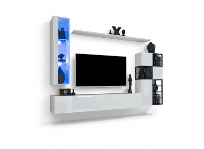 Hangende vitrine - Wit - Woonkamerdesign - TV-standaard - Compleet 9-delige houten meubelrekken