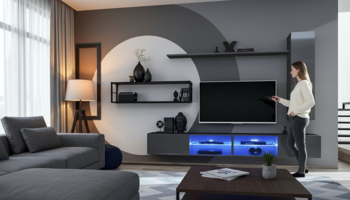 Grijze complete woonwand woonkamermeubels luxe muurkast wandplanken nieuw