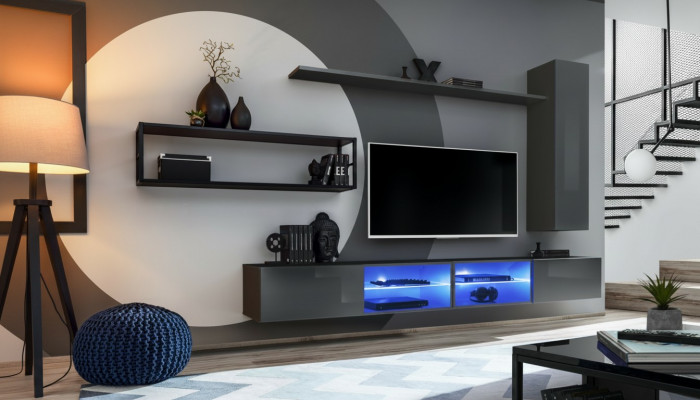 Grijze complete woonwand woonkamermeubels luxe muurkast wandplanken nieuw