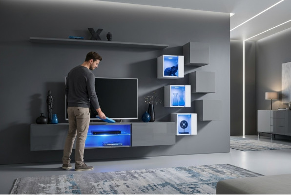 Luxe design woonkamer meubels grijs muurrek wandkast inrichting set