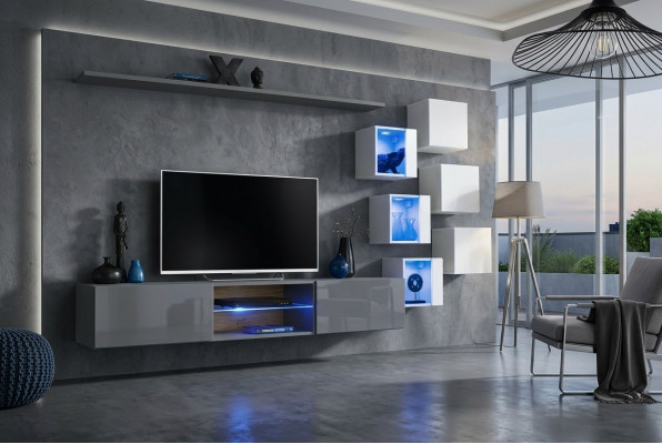 Luxe design woonkamer meubels grijs muurrek wandkast inrichting set