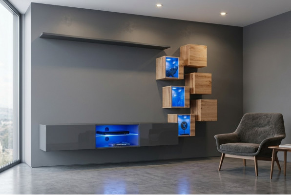 Set 8-delige Designer woonkamer grijs inrichting houten meubel wandkast nieuw