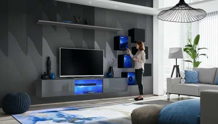 Zet moderne grijze inrichting woonwand tv-standaard dressoir houten meubels wandkast.