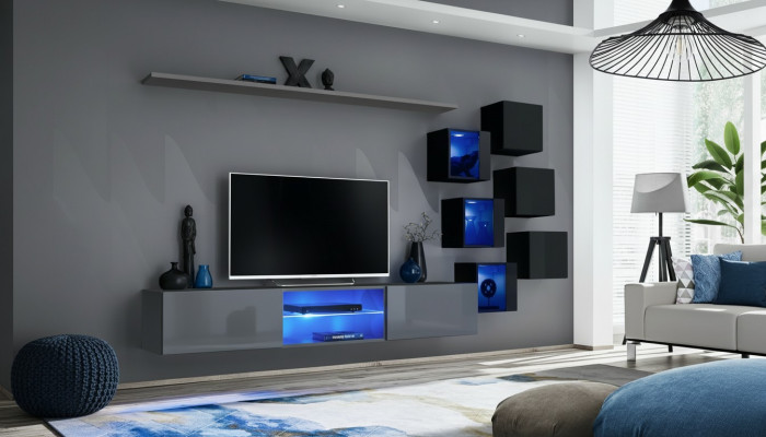 Zet moderne grijze inrichting woonwand tv-standaard dressoir houten meubels wandkast.