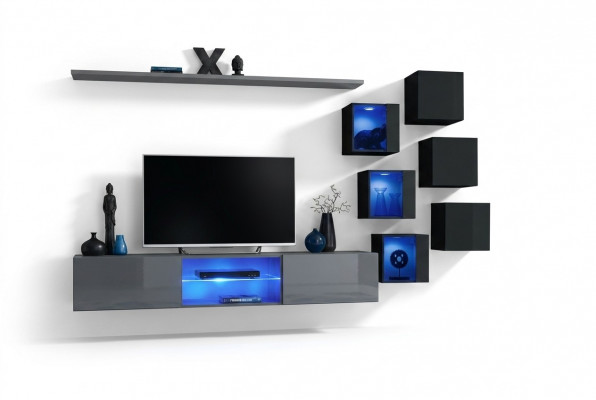 Zet moderne grijze inrichting woonwand tv-standaard dressoir houten meubels wandkast.