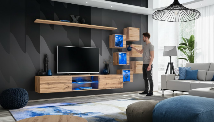 Bruine woonwand woonkamer meubels wandkast luxe set nieuw houten meubels.
