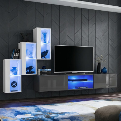 Grijze dressoir tv-standaard set woonwand compleet wandplanken wandkast