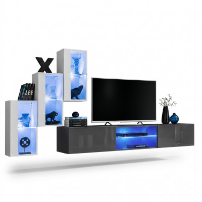 Grijze dressoir tv-standaard set woonwand compleet wandplanken wandkast