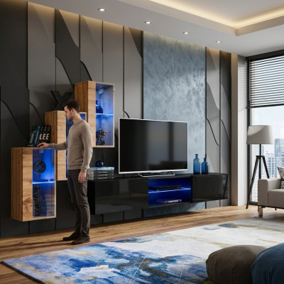 Woonkamermeubels Nieuwe wandmeubel 210 cm 3x wandkast inrichting luxe wandplanken Woonkamermeubels Nieuw wandmeubel 210 cm 3x wandkast luxe wandplanken