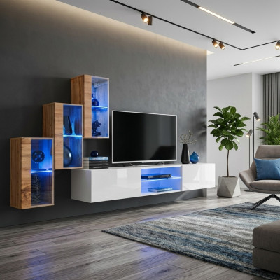 3x muurkast woonkamermeubels wandkast 210 cm inrichting luxe tv-standaard.