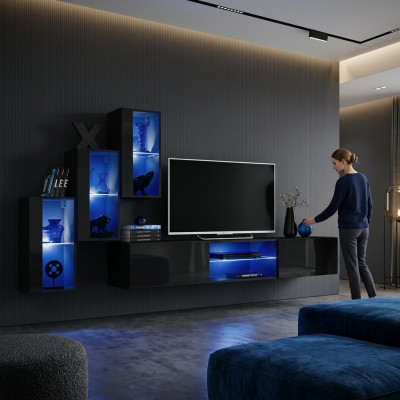 Luxe 3x wandkast meubels inrichting woonkamer meubels zwart wandplanken