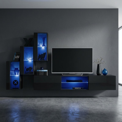 Luxe 3x wandkast meubels inrichting woonkamer meubels zwart wandplanken