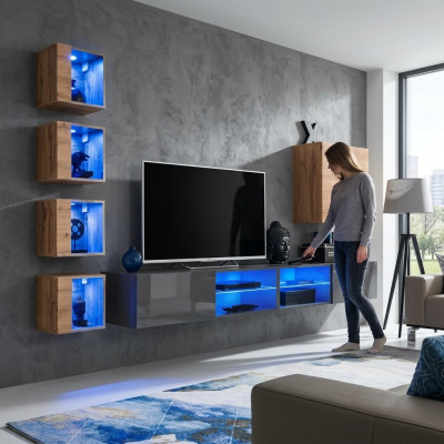 Woonkamer wandkast grijs modern meubilair tv-standaard wandkast planken: Woonkamer wandkast grijs modern meubels tv-standaard wandplanken