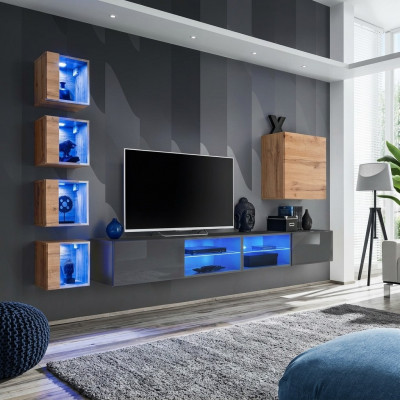 Woonkamer wandkast grijs modern meubilair tv-standaard wandkast planken: Woonkamer wandkast grijs modern meubels tv-standaard wandplanken