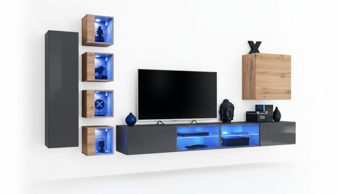 Woonkamer wandkast grijs modern meubilair tv-standaard wandkast planken: Woonkamer wandkast grijs modern meubels tv-standaard wandplanken