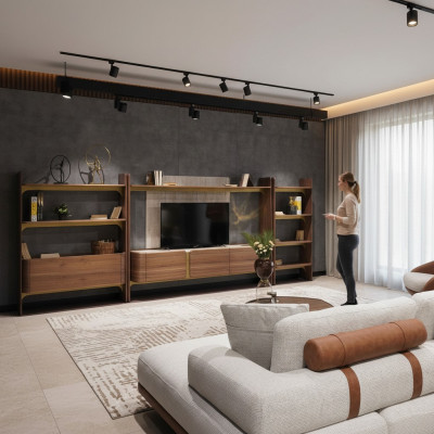 Luxe woonkamermeubilair ontwerp woonkamerset meubels bruin houten boekenkast planken.