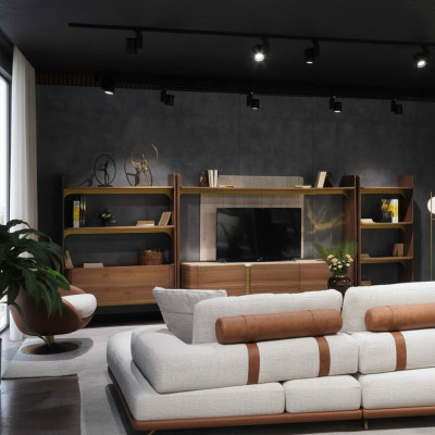 Luxe woonkamermeubilair ontwerp woonkamerset meubels bruin houten boekenkast planken.
