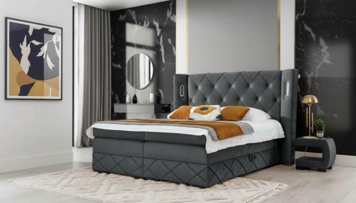 Slaapkamer bed dubbel textiel bedden bekleding compleet 2x nachtkastjes hout