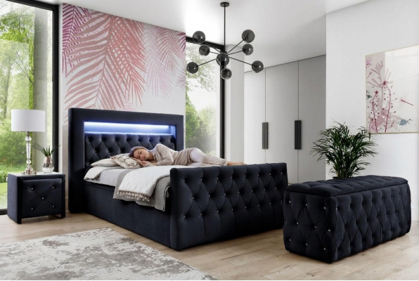 Zwart Chesterfield LED-stoffen bed 2x houten nachtkastjes krukje 4-delig