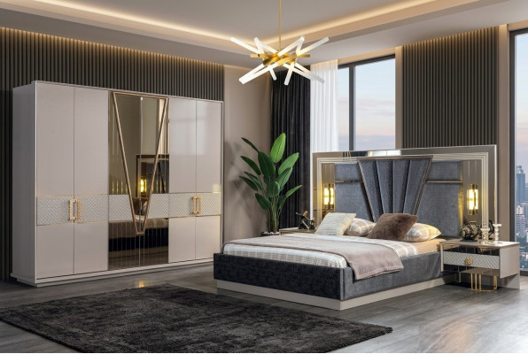 Moderne slaapkamerset ontwerp inrichting Nieuwe meubels Bed met 2 nachtkastjes