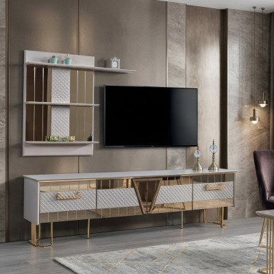 Modern design grijze woonkamer houten muurrekken complete tv-standaard meubels.