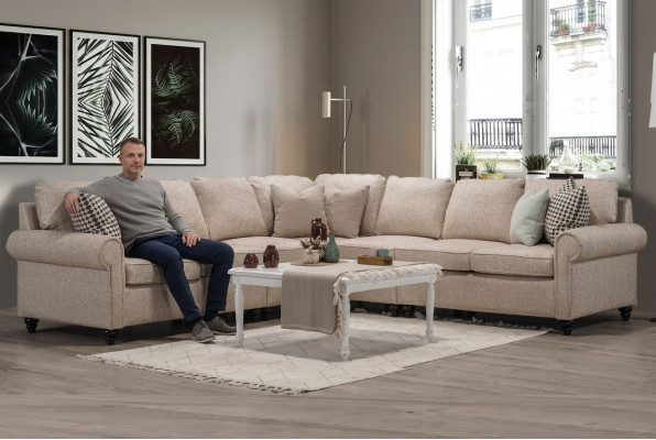 Modern woonkamer hoekbank L-vorm ontwerp beige meubels luxe sofa inrichting