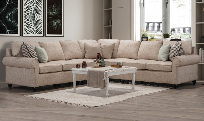 Modern woonkamer hoekbank L-vorm ontwerp beige meubels luxe sofa inrichting