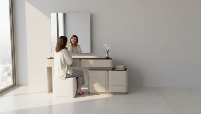 Kaptafel met spiegel, chique witte kruk, complete set slaapkamer Nieuw 3-delig.