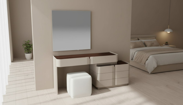 Kaptafel met spiegel, chique witte kruk, complete set slaapkamer Nieuw 3-delig.