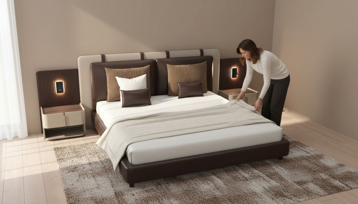 Luxe slaapkamer nachtkastje bedden bed 3-delige complete set design inrichting.