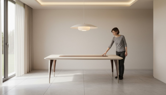 Luxe eettafel voor eetkamer in witte kleur, moderne houten meubels.