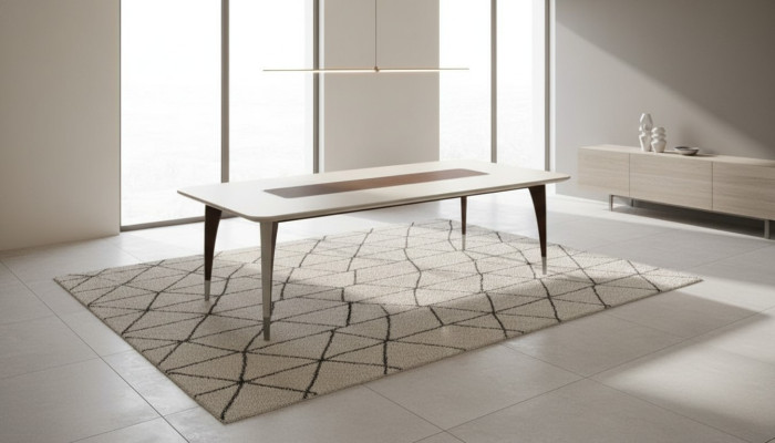 Luxe eettafel voor eetkamer in witte kleur, moderne houten meubels.